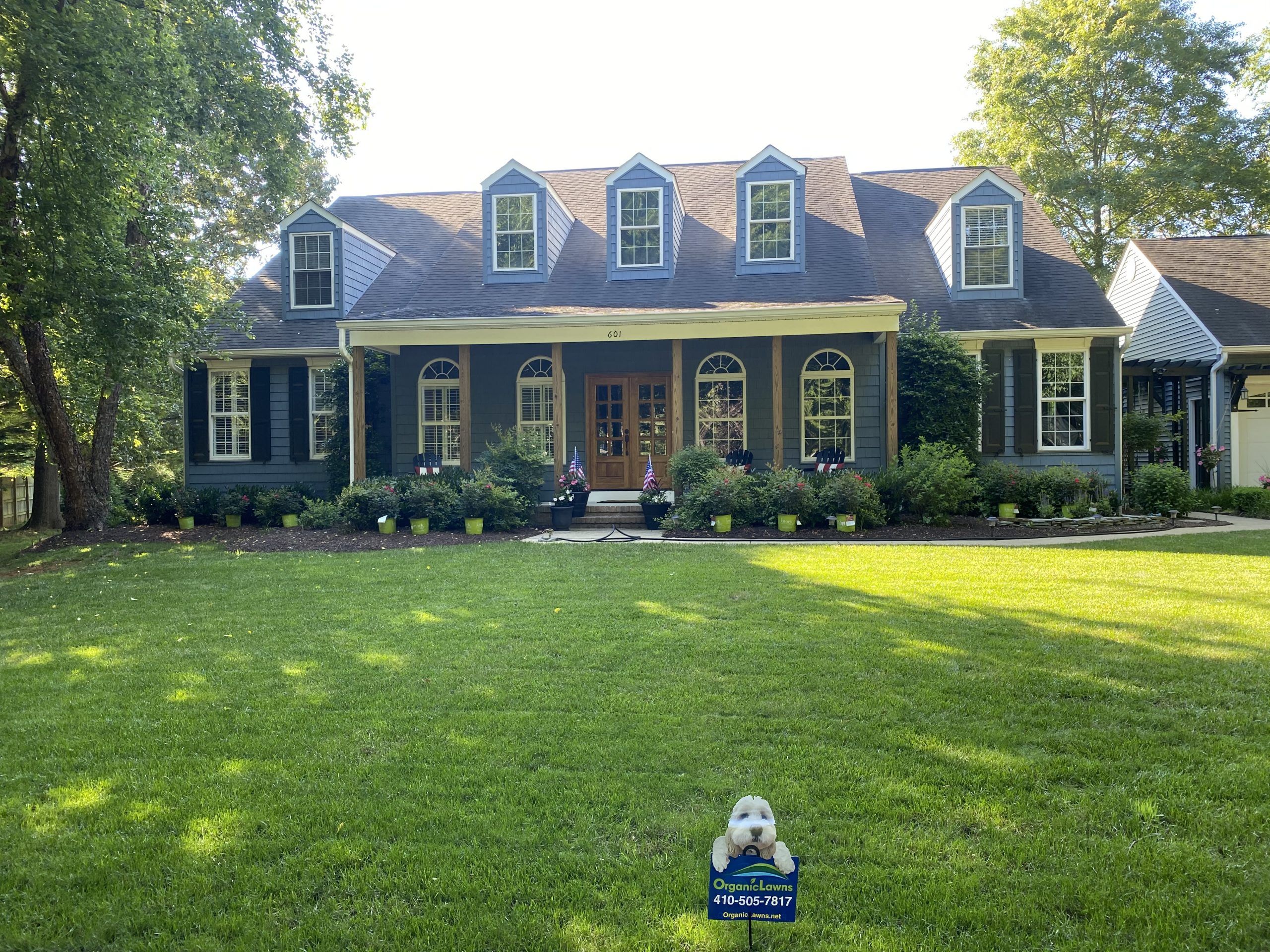 house with big green front lawn